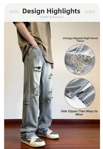 Dettaglio dei jeans azzurri strappati con strappi sulle ginocchia e zip interna sul fondo