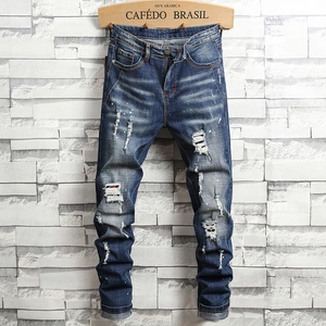 Men's Streetwear Ripped Jeans Deep Blue Paint Splatter Distressed Denim Pants Slim Fit Washed Hip Hop Casual Trousers For Men