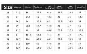 Detailed size chart for men's vintage denim shorts with waist and hip measurements
