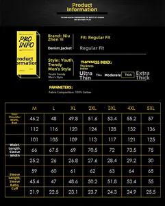 Detailed size chart for men's denim jacket with measurements from M to 5XL and cotton specs