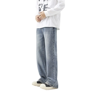 Men's loose straight-leg denim jeans in vintage blue wash with street casual style