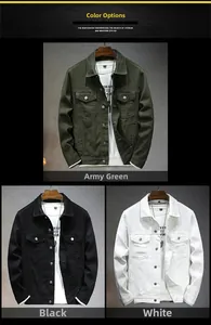 Detailed views of cotton twill denim jackets in army green, black, and white colors