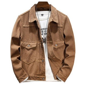 Mens heavy duty brown cotton canvas workwear jacket with large front pockets and collared neck