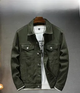 Front view of an army green military style denim jacket with cargo pockets on a hanger
