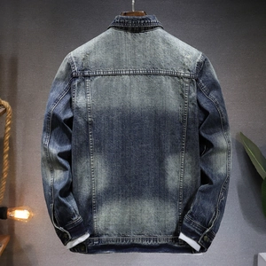 Vintage wash blue denim jacket for men featuring multi-pocket workwear style back view