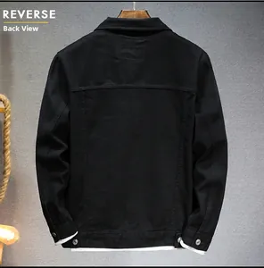 Reverse view of men black denim jacket featuring white fleece lining and metal buttons