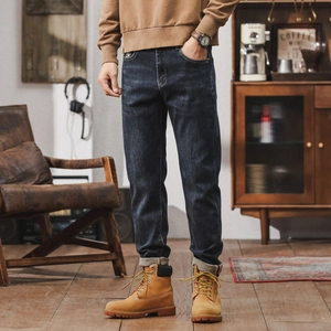 Men Vintage Workwear Jeans Stretch Cotton Blend Straight Leg Denim Pants Dark Blue Casual Fashion Trousers For Men