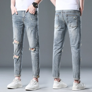 Men's Ripped Slim Fit Cropped Jeans Light Blue Distressed Wash Streetwear Tapered Denim Pants For Men