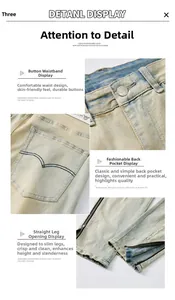 Detail view of vintage wash denim pants with metal button waist and zipper cuffs