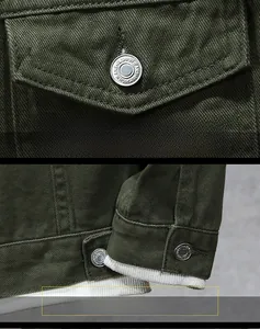 Close-up of metal buttons and pocket stitching on a men's vintage denim jacket