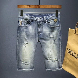 Pantaloncini di Jeans Distressed da Uomo Lavaggio Blu Chiaro Strappati in Cotone Lunghezza Media Streetwear Estate Casual Vestibilità Dritta Jeans
