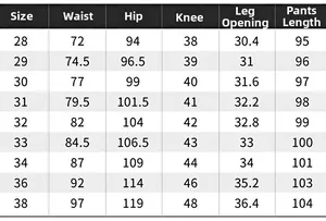 Comprehensive size chart for men's slim fit stretch dark blue denim jeans with measurements