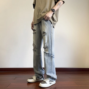 Jeans Strappati da Uomo Gamba Dritta American Streetwear Lavati Pantaloni Denim Con Cerniera Laterale sul Fondo Pantaloni Casual