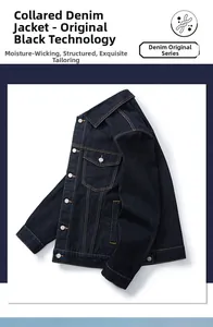 Detail of dark blue denim jacket with contrast stitching and silver metal buttons