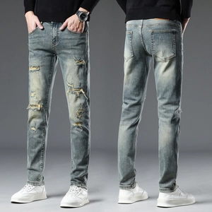 Jeans Déchirés Homme Coupe Ajustée Pantalon en Denim de Coton Délavé Bleu Gris Streetwear Vintage Mode Décontractée
