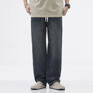 Jeans Vintage Uomo High Street Denim di Cotone Taglio Dritto Ampio Vita Elastica Con Coulisse Lavaggio Invecchiato