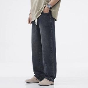 Jeans uomo gamba dritta larghi in grigio vintage con elastico in vita e coulisse