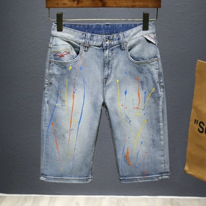 Men Retro Washed Denim Shorts Color Splatter Paint Distressed Five Point Shorts Cotton Streetwear Casual Summer Shorts