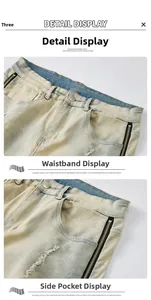 Detailed close-up of vintage wash denim jeans with waistline and zipper side pocket features