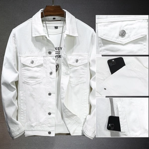 Classic white denim jacket for men featuring flap pockets and premium metal buttons