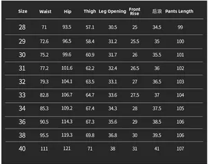Detailed size chart for men's slim fit jeans with waist and length measurements