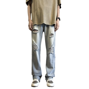 Jeans larghi uomo retrò blu chiaro con dettagli strappati e taglio dritto stile street