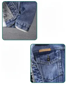 Détail d'une veste en jean bleue avec doublure polaire et poche avec étiquette cuir