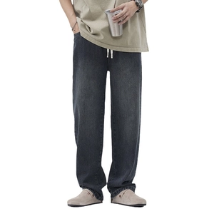 Jeans uomo vintage grigio scuro lavato, taglio dritto ampio con coulisse bianca in vita