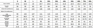 Size chart for men's fleece denim jacket ranging from S to 8XL with detailed measurements