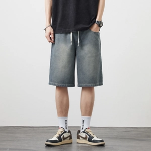 Short en Jean pour Homme Texture Étoilée Délavage Bleu Décontracté Coupe Ample Cordon Streetwear Short pour Hommes Été