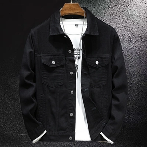Classic black denim work jacket for men with a lapel collar and symmetric chest pockets