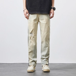 Men's Vintage Washed High Street Denim Jeans With Side Zipper Distressed Holes Streetwear Cotton Blend Straight Pants