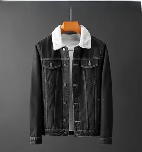 Detail view of men's denim jacket showing white faux lamb wool collar and metal buttons