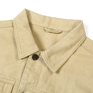 Classic khaki denim jacket featuring a solid turn-down collar with a black round button