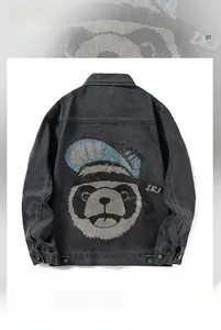 Detail of loose denim jacket featuring a shiny rhinestone panda on the back
