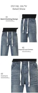 Détail de jean denim lavé de haute qualité avec taille élastique et cordons blancs épais