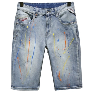 Men's retro light blue washed denim shorts with colorful paint splatter and distressed details