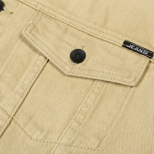Classic khaki slim fit denim jacket for men featuring flap pockets and heavy twill fabric
