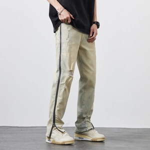 Men's vintage sand-wash baggy jeans with full-length side zippers and distressed details