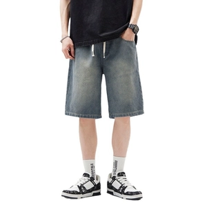 Short en jean vintage américain pour hommes avec motif étoilé et cordon de serrage