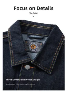 Detailed close-up of dark blue denim jacket collar with contrast orange stitching