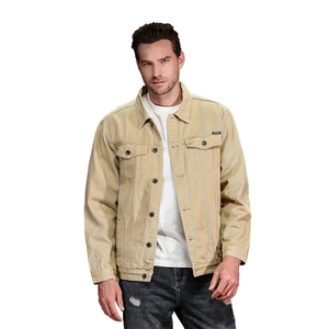 Classic men's khaki denim jacket with symmetrical chest pockets and metal buttons