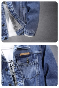 Détails de la doublure polaire, de l'étiquette en cuir et des poignets de la veste denim
