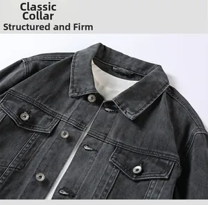 Close-up of denim jacket collar with silver metal buttons and twill fabric texture