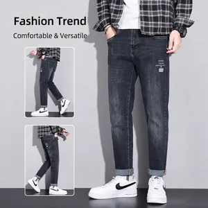 Men Slim Fit Jeans Stretchy Cotton Blend Washed Denim Pants Streetwear Casual Trousers With Print For Daily Wear