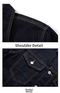 Detail view of denim jacket shoulders and pockets with orange contrast stitching and metal buttons