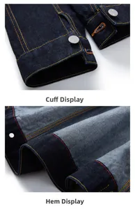 Detail showing red selvedge denim texture and contrast stitching on sleeve and hem
