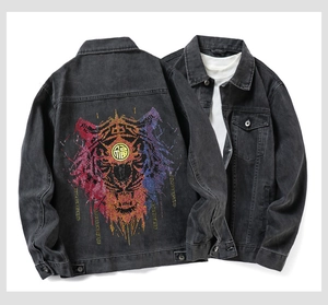 Detailed back view of a black denim jacket with a colorful tiger head and Fu symbol