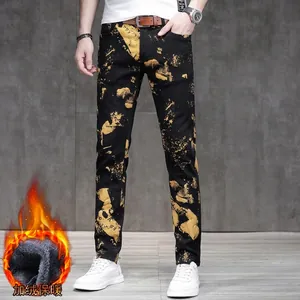 Men's Streetwear Slim Fit Jeans Winter Warm Fleece Lined Denim Pants Black Gold Splatter Paint Print Fashion Trousers