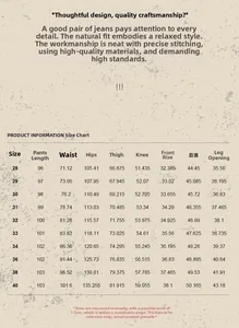 Detailed size chart for vintage distressed ripped jeans, measurements from size 28 to 40